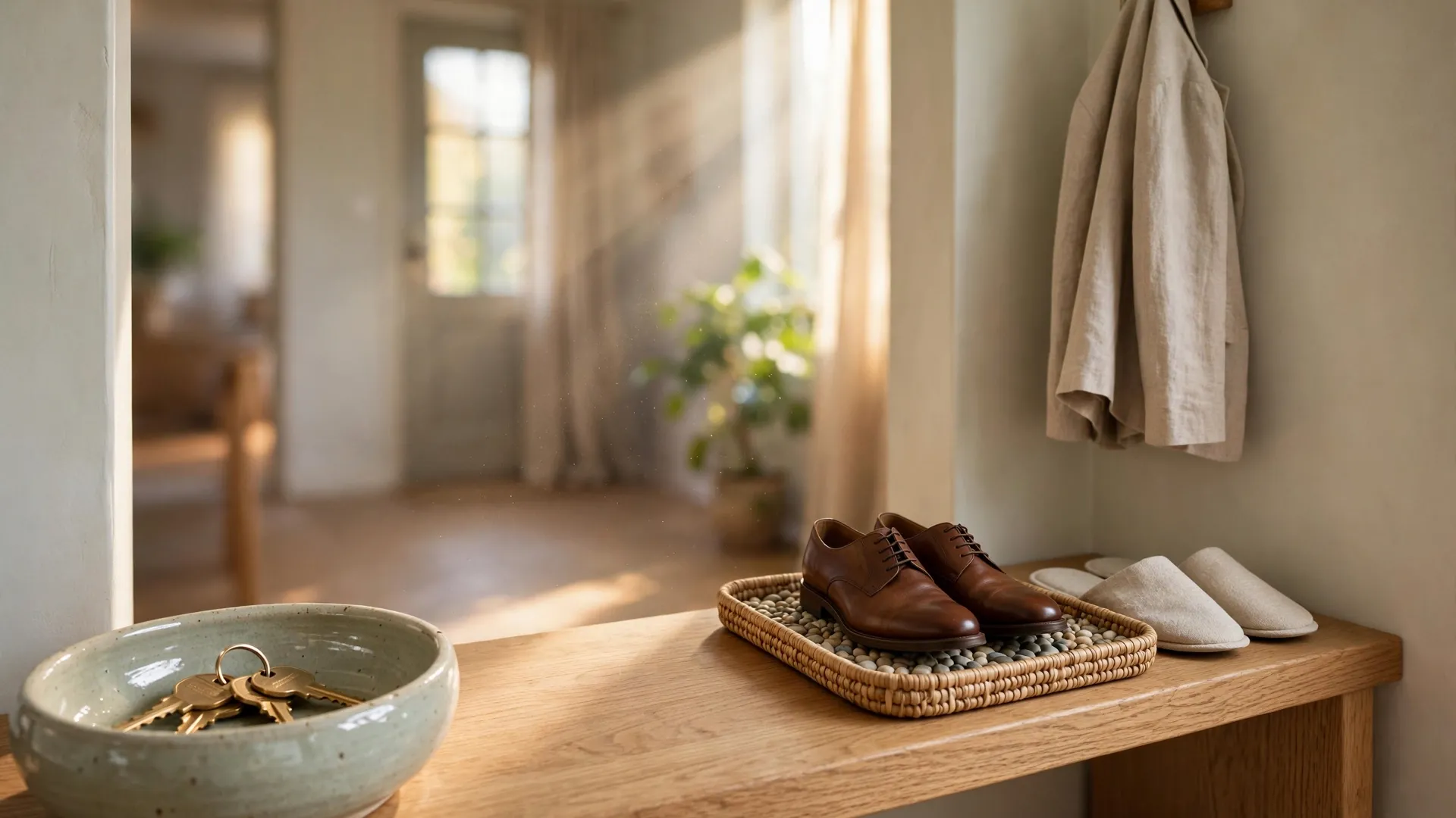The 60-second entry reset kit: low oak bench, glazed ceramic key bowl with keys, pebble shoe tray and linen slippers in morning light