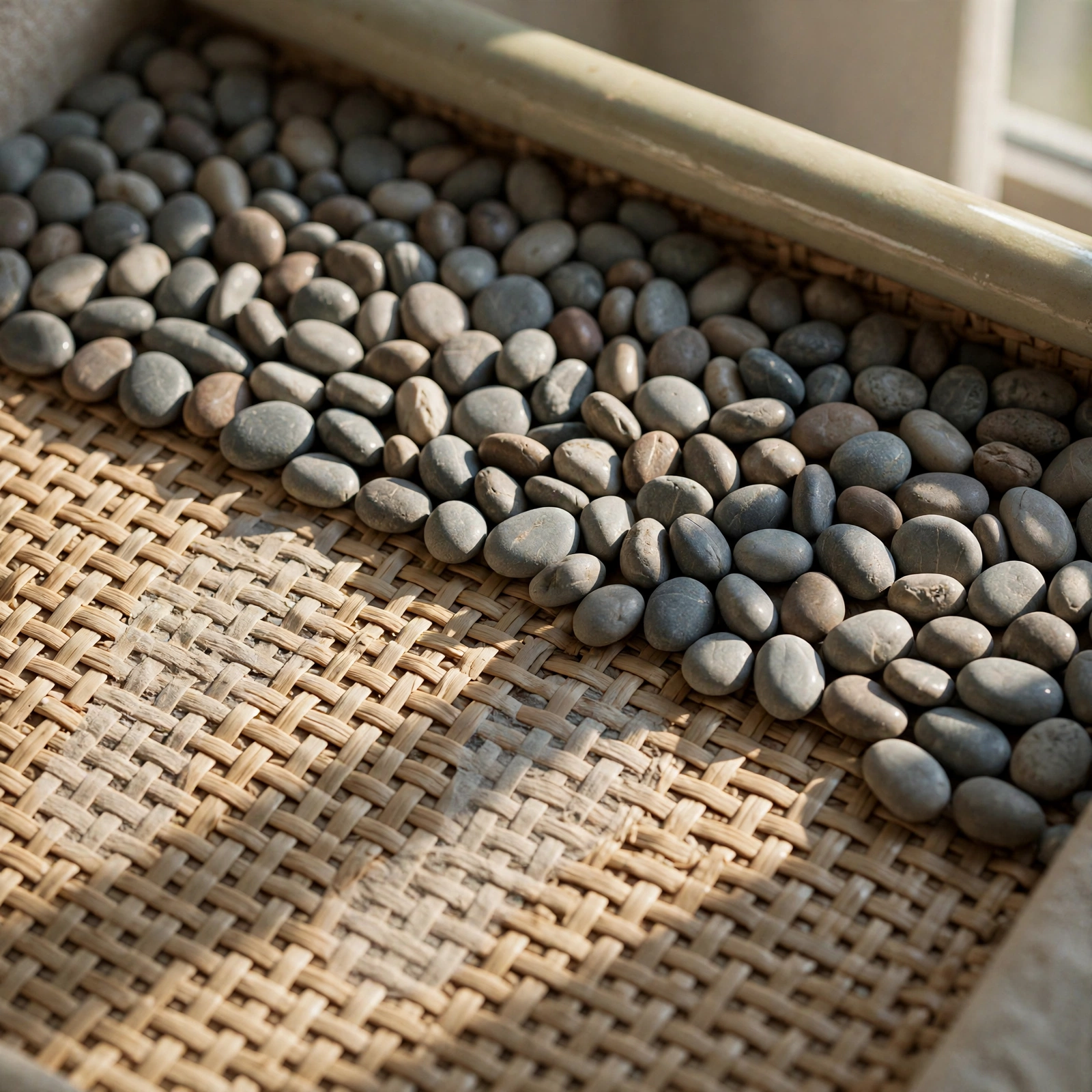 Macro of the pebble tray in the 60-second entry reset ritual: river pebbles and the glazed rim of the ceramic key bowl in side light