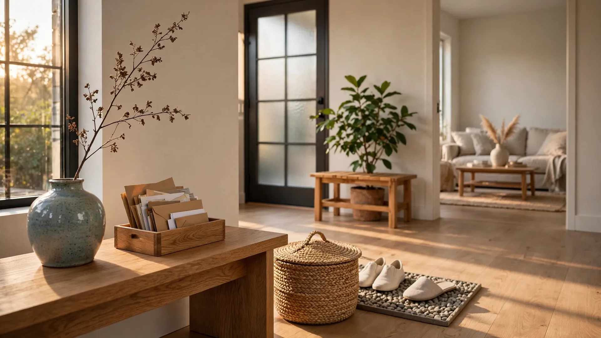 Entryway first impressions: composed Japandi foyer with oak console, ceramic vase with dried branch, lidded basket and pebble tray