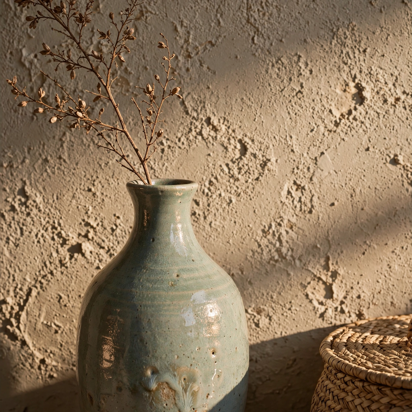 Macro of the anchor object for entryway first impressions: glazed ceramic vase with a dried branch against clay plaster in side light