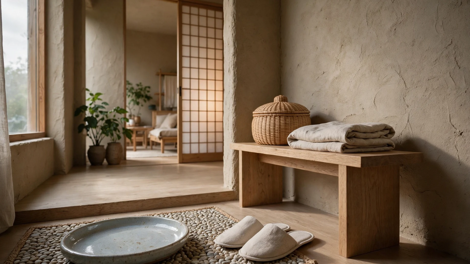 Japandi entryway drop zone with low oak bench, lidded woven basket, pebble mat, ceramic tray and linen slippers