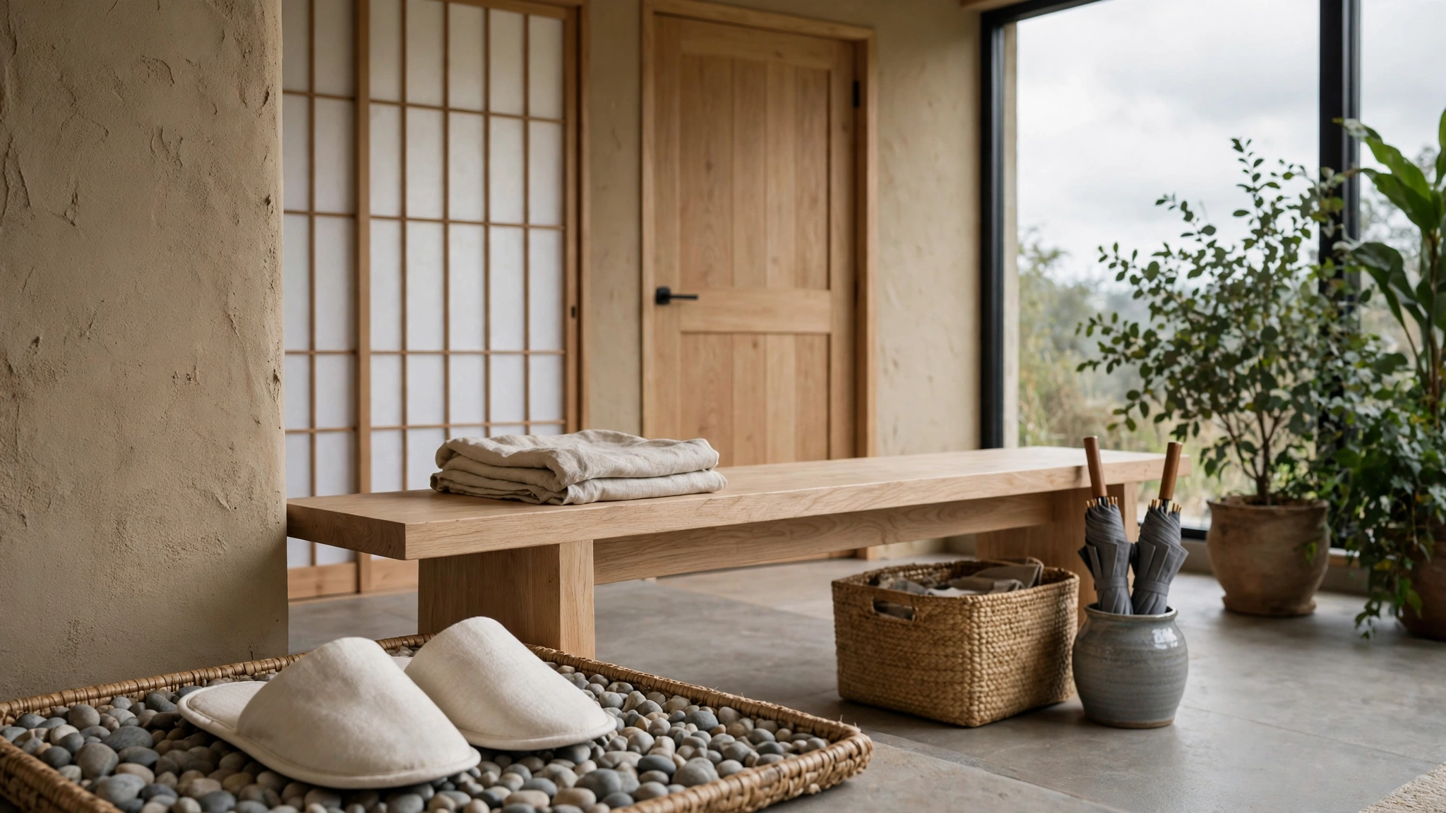 Small Japandi genkan entryway with low oak bench and pebble tray