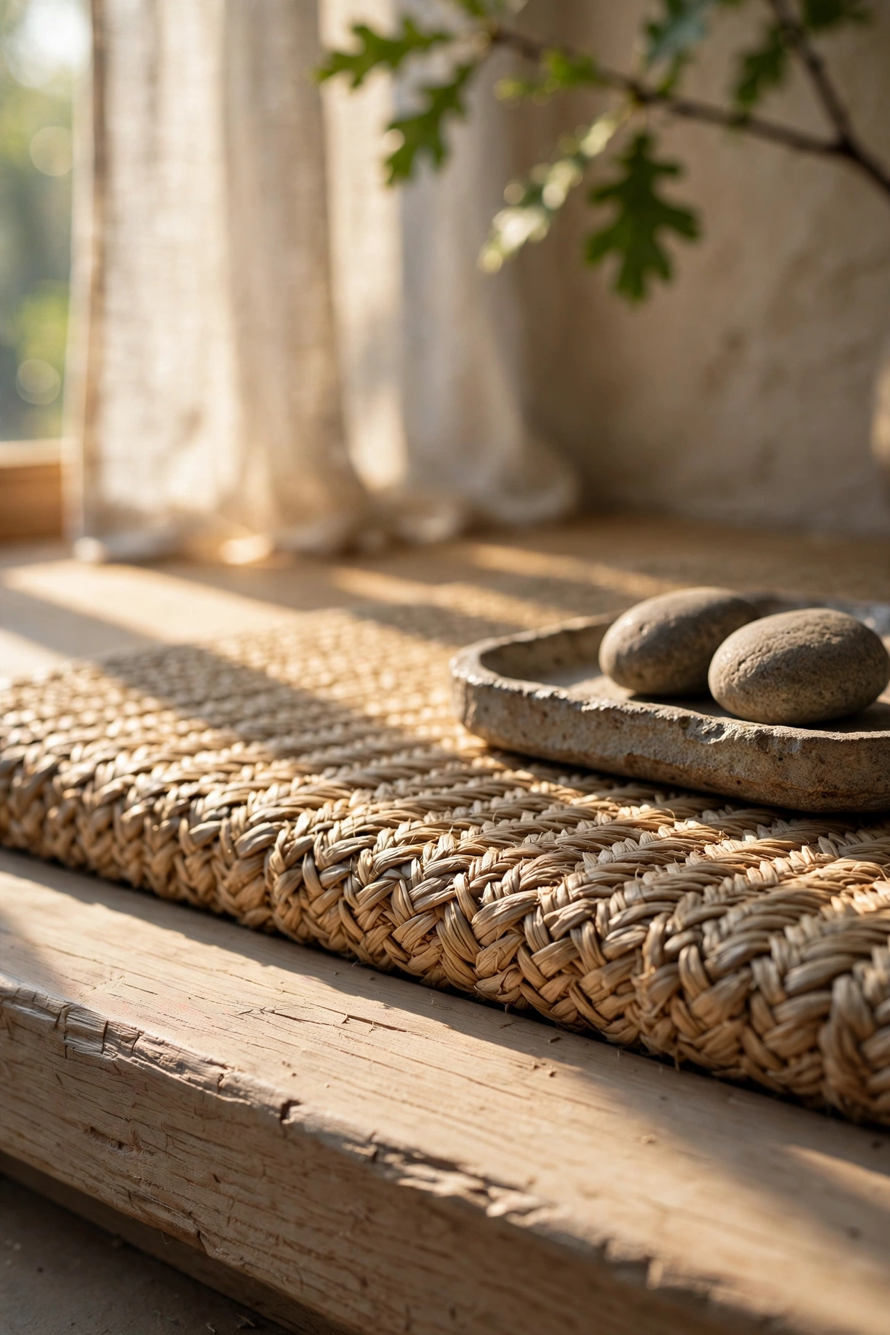 Woven rush mat on a white oak step with a stoneware tray holding two river stones in morning light