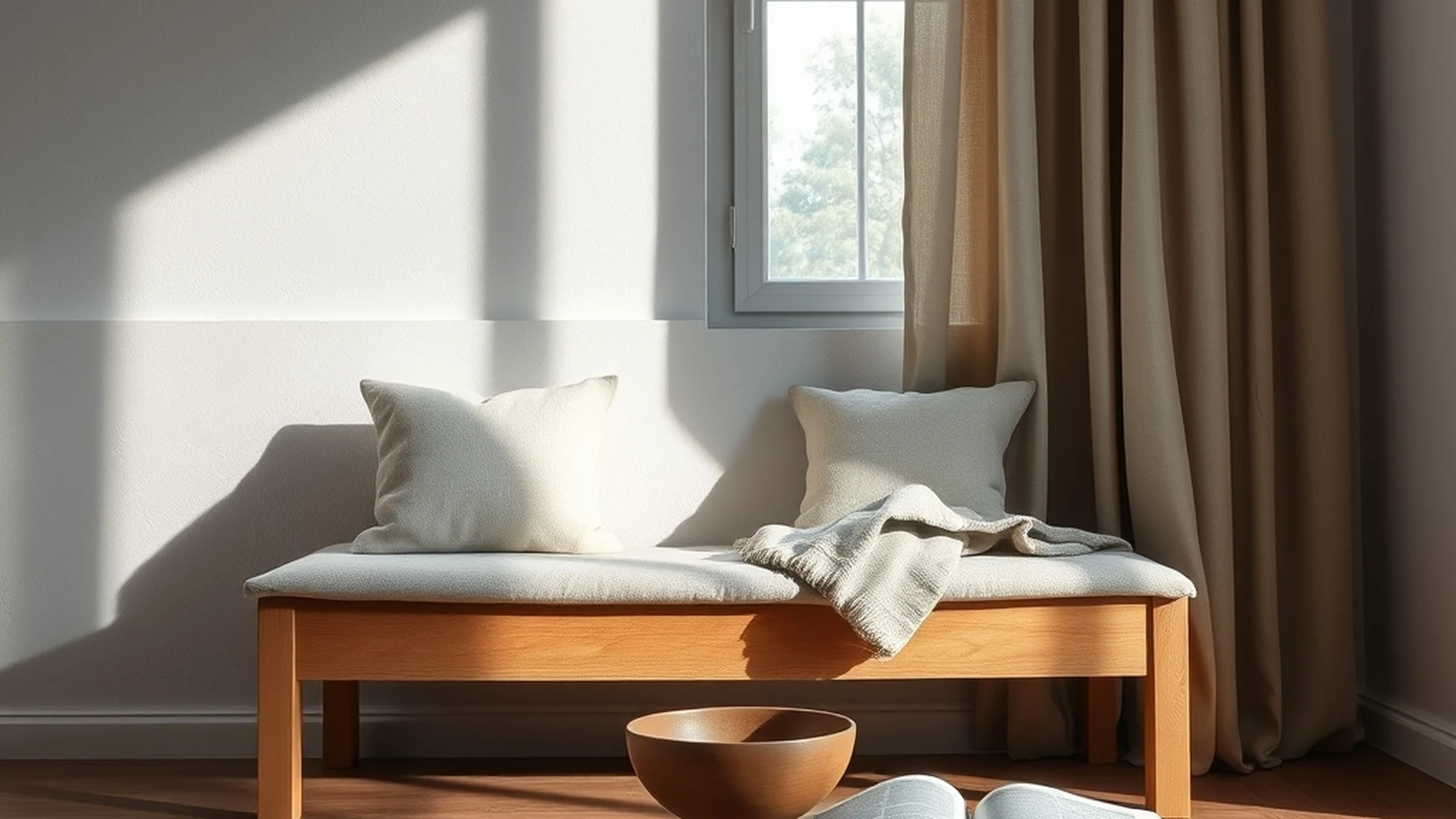 Limewash walls in a japandi living room: hand-troweled micro texture catching raking daylight, oak bench and linen cushions in soft side light