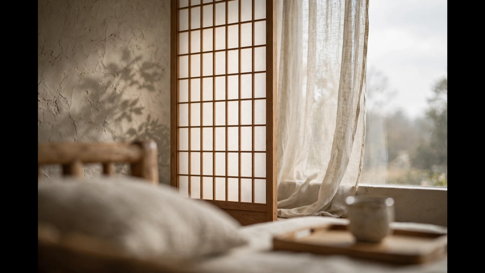 Shoji screen and sheer linen curtain diffusing bright window light into a soft field beside a low oak daybed