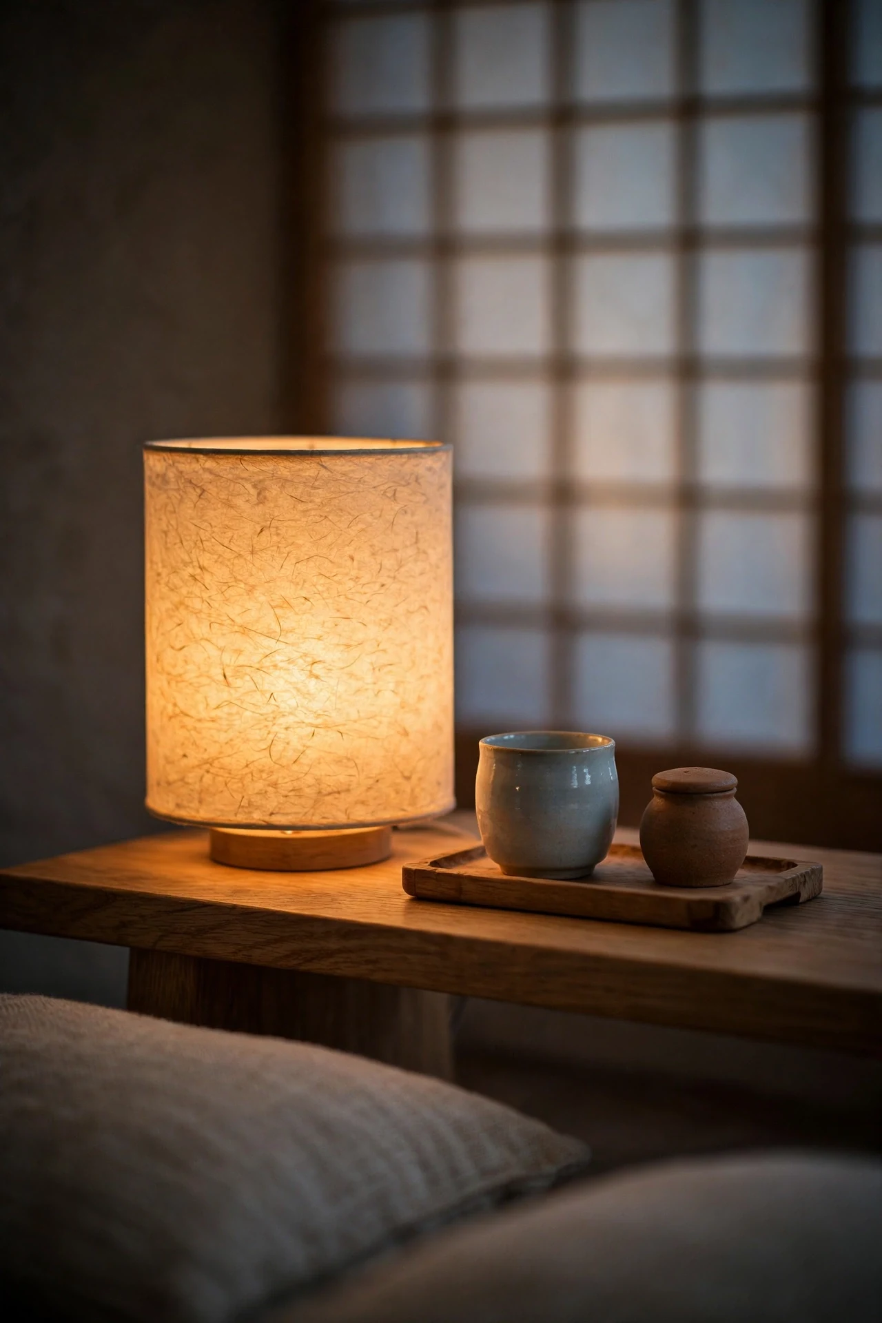 Washi paper table lamp glowing warm on an oak side table with a glazed ceramic cup, shoji screen behind