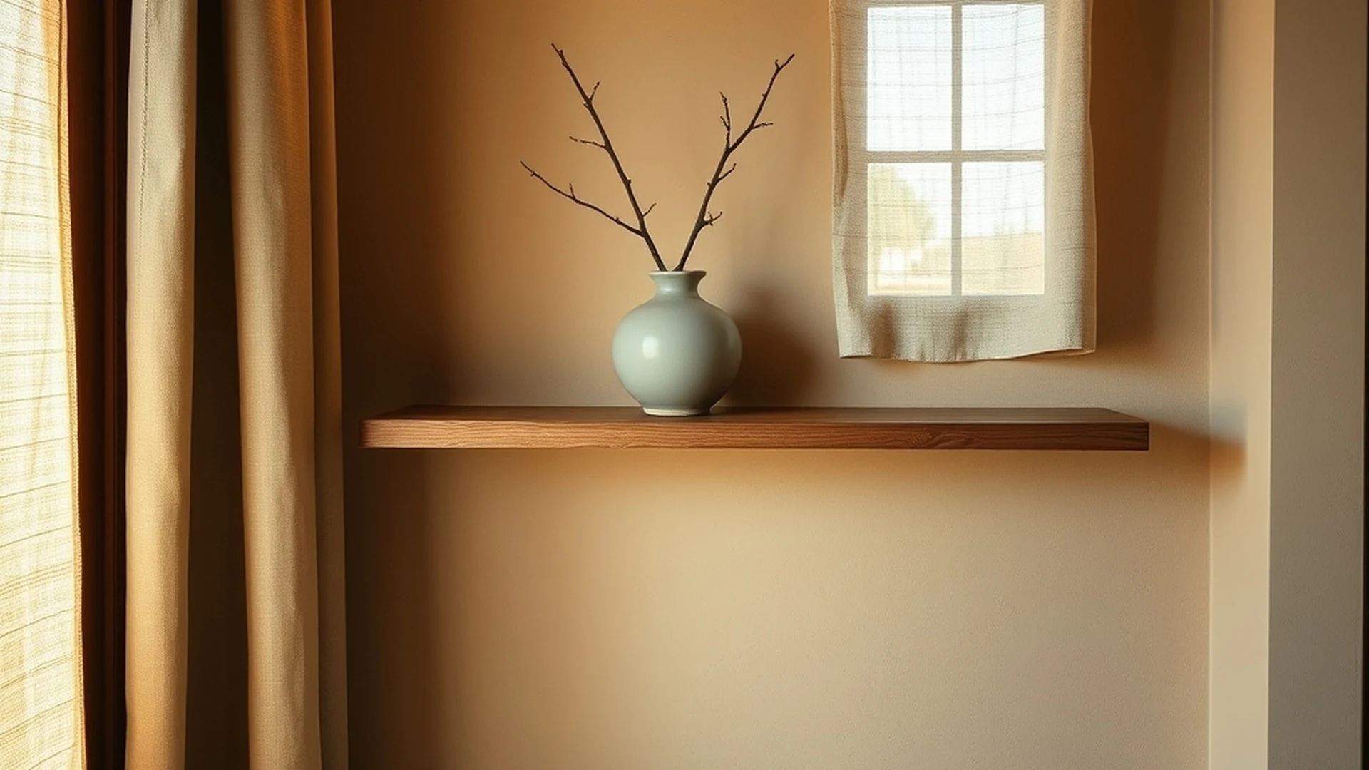 Small entryway ideas from the tea alcove: a low oak ledge with one handmade ceramic vase, warm 2700K light and linen curtains in a calm japandi entryway