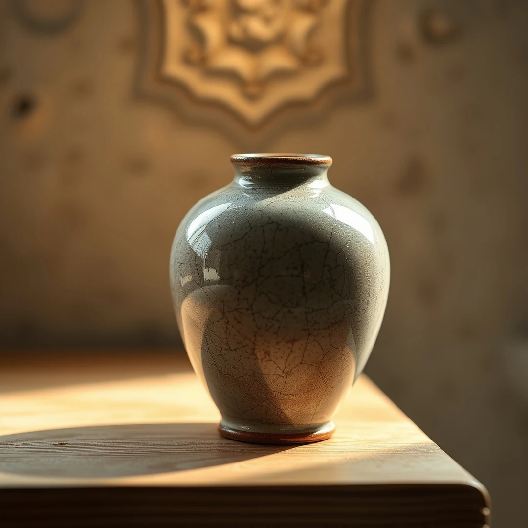 Macro of the tea alcove pause: a handmade ceramic vase on an oak ledge, clay plaster wall texture and a 2700K glow from the side