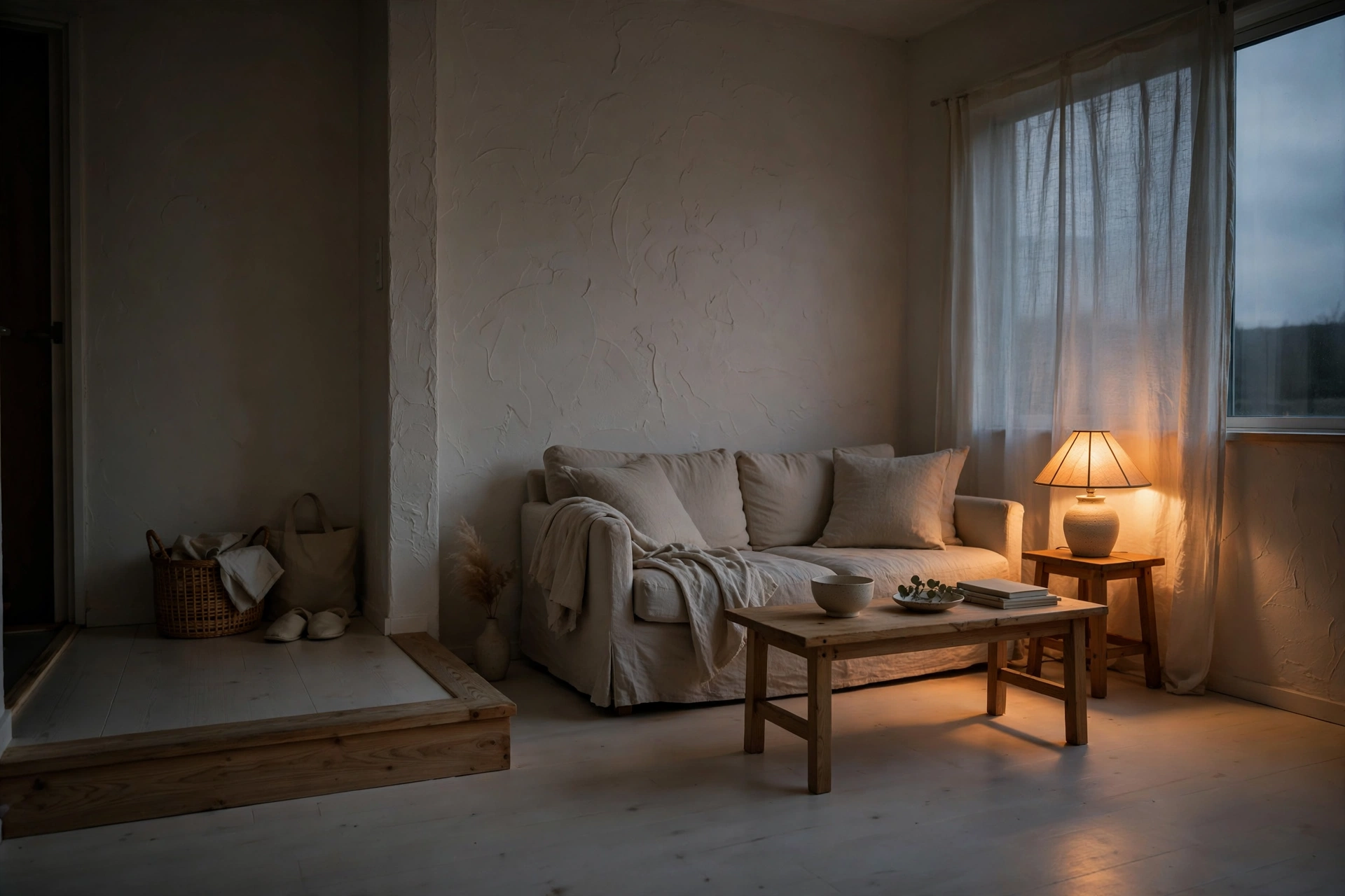 Japandi living room at dusk with warm washi light, oatmeal linen sofa and wooden threshold