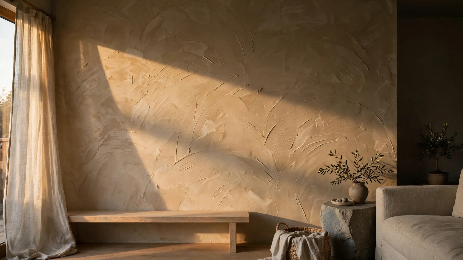 Textured limewash wall with raking daylight, low white oak bench and honed stone table in a calm Japandi room