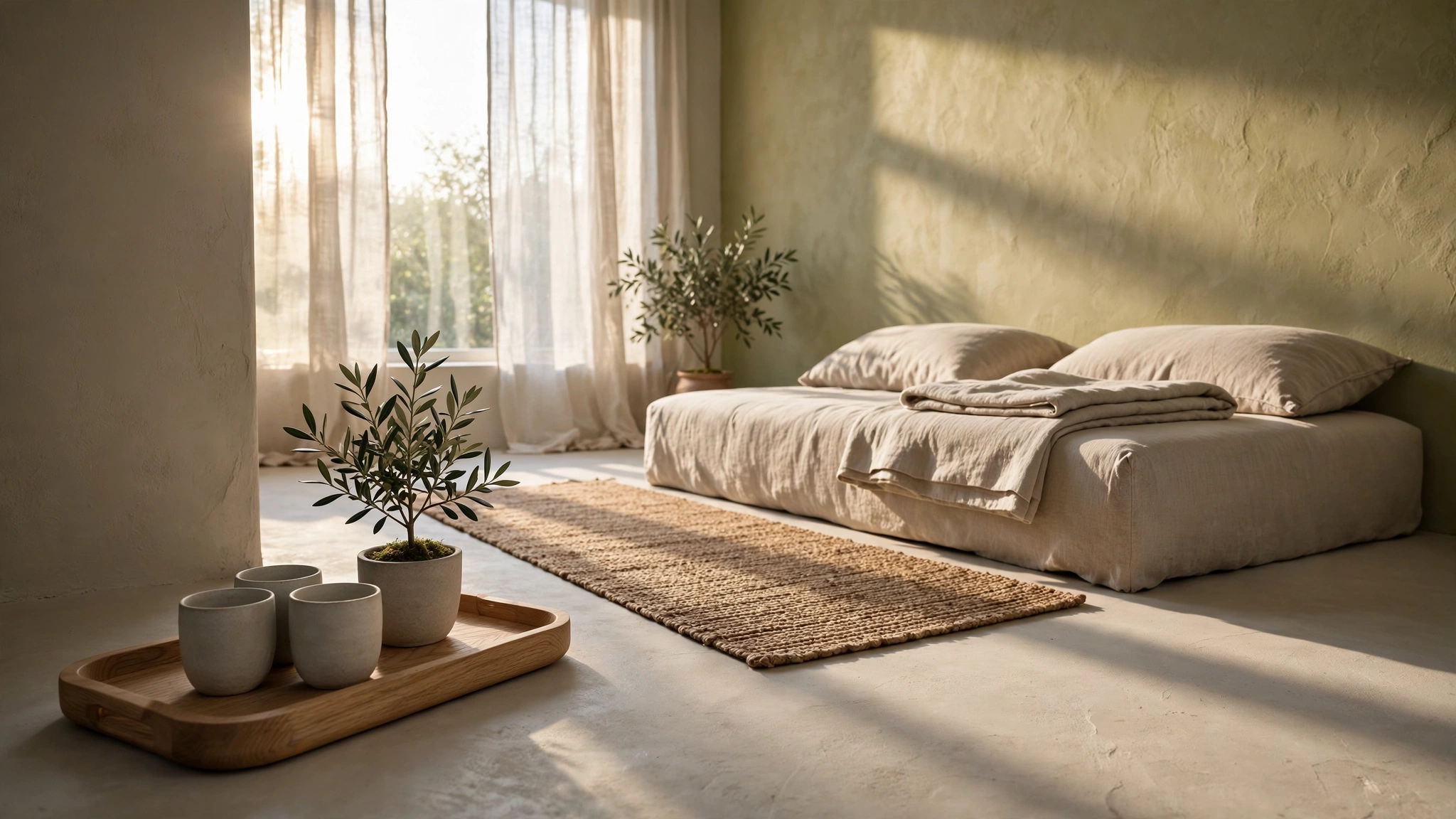 Beige Japandi daybed against a textured limewash wall with morning light
